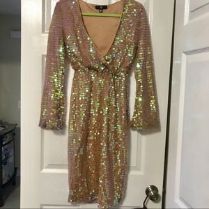 blush sequin fluted sleeve wrap over midi dress